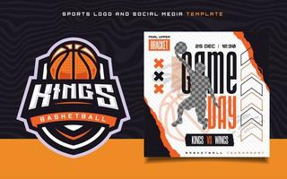 logotipo de esportes de basquete e panfleto de banner de dia de jogo para postagem de mídia social vetor