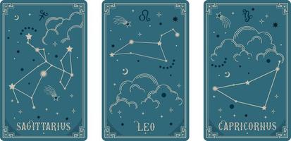 Os símbolos do zodíaco sagittarius leo e capricornus cercam nuvens, estrelas, luxo, esotérico e estilos boho. apto para leitores de tarô paranormais e astrólogos vetor