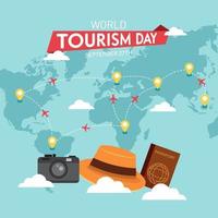 dia mundial do turismo 27 de setembro com mapas de viagens e ilustração de engrenagens de viagem de passaporte de câmera de chapéu em fundo isolado vetor