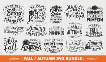 pacote svg de outono e outono, citações de outono e outono, tipografia para camiseta, pôster, adesivo e cartão vetor