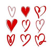 conjunto de ilustração de corações de estilo de desenho vermelho vetor