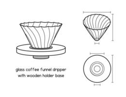 gotejador de funil de café de vidro com base de madeira despeje sobre o copo de filtro de fabricação de café com diagrama de suporte de madeira para ilustração em vetor de contorno manual de configuração