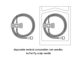 agulhas de veia de consumíveis médicos descartáveis diagrama de agulha de couro cabeludo de borboleta para ilustração em vetor de contorno de laboratório de configuração de experimento