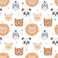 sem costura padrão com rostos de animais fofos. o focinho de um leão, tigre, zebra, rato, panda em um fundo branco. vetor para têxteis e design de pôsteres, roupas infantis.