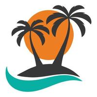 silhueta de um coqueiro com fundo de sol laranja e água do mar azul. simboliza a sensação da praia e do turismo. vetor