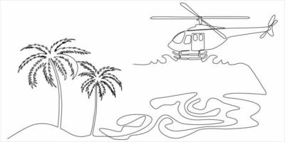 desenho de linha contínua de helicópteros e palmeiras vetor