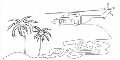 desenho de linha contínua de helicópteros e palmeiras vetor