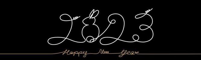 2023 feliz ano novo uma linha continua desenhando a ideia para comemorar o ano do coelho, design de texto de logotipo de ilustração vetorial branco e dourado, letras escritas à mão em fundo preto para banner web, calendário vetor
