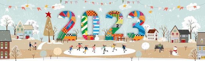 cartão de feliz ano novo 2023, paisagem de inverno vetorial na cidade com pessoas comemorando na véspera de natal. país das maravilhas do inverno na cidade com crianças felizes jogando patinação no gelo no parque da cidade