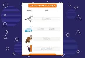 trace os nomes dos pássaros. prática de caligrafia para crianças pré-escolares vetor