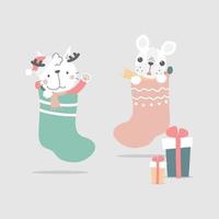 feliz natal e feliz ano novo com gato e buldogue francês nas meias, ilustração vetorial plana design de figurino de personagem de desenho animado vetor