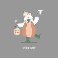 feliz festival de férias de halloween com ursinho de pelúcia e abóbora, design de personagem de desenho animado de ilustração vetorial plana vetor