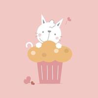 bonito e adorável gato desenhado à mão com cupcake, conceito de amor, feliz dia dos namorados, aniversário, ilustração vetorial plana design de personagem de desenho animado isolado vetor