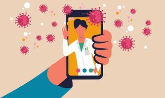 verifique sua saúde em seu telefone celular. consulta médica em casa e tecnologia de tele para ilustração do conceito de vetor do paciente. pessoas de diagnóstico de serviço de saúde no dispositivo e aplicativo médico online