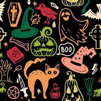 padrão sem emenda brilhante de elementos de doodle desenhados à mão de horror halloween. vetor