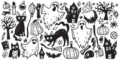 conjunto de horror de conjunto de esboço de adesivo de halloween. grande conjunto de doodle desenhado à mão. vetor