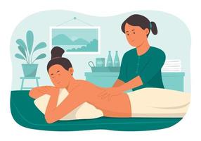 mulher relaxante com tratamento de massagem corporal no salão spa vetor