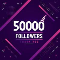 obrigado 50000 seguidores, 50k seguidores celebração design colorido moderno. vetor