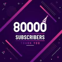 obrigado 80000 assinantes, 80k assinantes celebração design colorido moderno. vetor