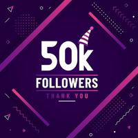 obrigado 50k seguidores, 50.000 seguidores celebração design colorido moderno. vetor