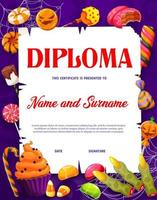 diploma infantil de halloween, doces de férias, doces vetor