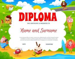 diploma infantil com personagens de doces de desenho animado vetor