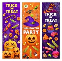 banners de férias de halloween, doces e doces vetor