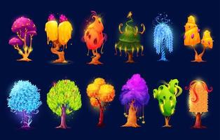 árvores e plantas alienígenas luminosas de fantasia de desenho animado vetor