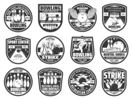 ícones de bola de clube de boliche, greve de equipe e jogo de pinos vetor