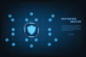 conceito de banco on-line de segurança cibernética de tecnologia abstrata de vetor. escudo e circuito em fundo azul. vetor