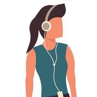 mulher com ilustração vetorial de fone de ouvido de música. menina feminina ouvindo fone de ouvido e estilo de vida sadio. avatar de personagem de moda senhora dj e adolescente. dispositivo de entretenimento prazer de tecnologia móvel vetor