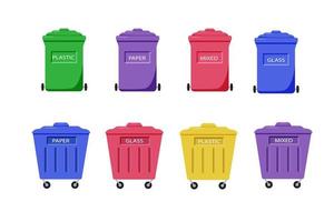 um conjunto de latas de lixo coloridas, um recipiente para triagem de resíduos, reciclagem de lixo zero, ilustração vetorial vetor