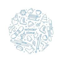 elementos de ano novo e natal no estilo doodle. ilustração vetorial de roupas de inverno, equipamentos esportivos, abeto, alimentos e bebidas. ícones de férias de inverno vetor