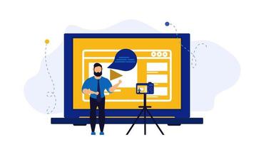 conceito de ilustração vetorial de negócios de vídeo vloger. web vlog design criador de publicidade de transmissão de mídia social. tutorial de filme de webinar de transmissão online. canal de blog explicativo com câmera. blogar como vetor