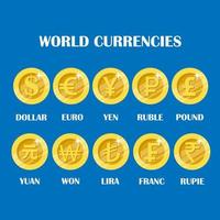 conjunto de sinal de moeda de moeda mundial de diferentes países, como dólar, euro, rublo e outros. coleção de ilustração vetorial de moeda de ícone de moedas vetor