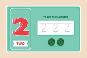 planilha de prática de rastreamento número dois com 2 melancias. treinamento escrever e contar o conceito de números. ilustração vetorial.