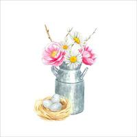 ilustração em aquarela de composição.à mão desenhada de páscoa. um buquê de flores e um ninho de pássaro com ovos. vetor
