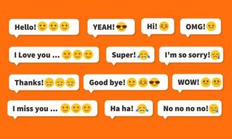 mensagens móveis com diferentes textos e emoticons. emojis de discussão móvel ilustração vetorial mídia social vetor