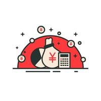 saco de dinheiro com símbolo de ienes com gráfico e calculadora. ícone de ienes em design vermelho. depósito de ilustração vetorial de investimento de bolsa de banco financeiro vetor