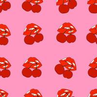 sem costura padrão com lábios e cereja doce no fundo rosa. lábios segurando cerejas. ilustração vetorial fofa para têxteis, embalagens, papel de embrulho vetor