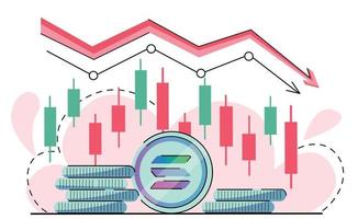 moedas solana caindo. carregue a seta vermelha para baixo no mercado de criptomoedas. mercado de urso. tendência de queda de criptomoedas. velas japonesas e moeda de logotipo sol. vetor isolado em branco