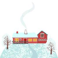 ilustração vetorial texturizada colorida da paisagem de inverno da natureza com uma casa no estilo escandinavo, fumaça da chaminé para pôster, cartão postal, folheto, cartão, banner, design gráfico
