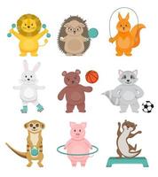 conjunto de coleção de desenhos animados de esporte de animais. animais fofos praticam esportes. motivação para as crianças. ilustração vetorial para seção de esportes infantis, futebol, basquete, atletismo.