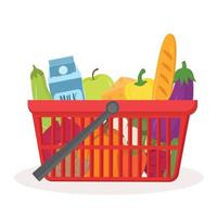 cesta de supermercado vermelha com produtos isolados em branco. cesta de compras com alimentos saudáveis, frescos e orgânicos. entrega de produtos da loja. bomboneria. conceito de entrega de produtos saudáveis. vetor