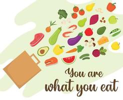 compras adequadas. o conceito de nutrição adequada, frutas e legumes saudáveis. conceito de estilo de vida saudável. escolha o que você come. comer comida saúdavel. vetor