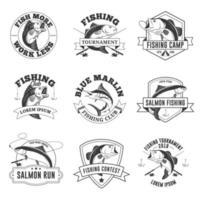 emblemas de pesca com ilustração de baixo, salmão e espadim azul vetor