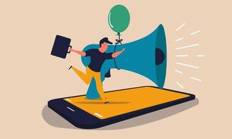 marketing por telefone com megafone e balão de ar. anúncio móvel e conceito de ilustração vetorial de negócios de serviço de promoção. aplicativo de comércio de compartilhamento de sucesso e convite de influenciador para o produto vetor