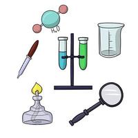 coleção de dispositivos de aquecimento e químicos para experimentos escolares, ilustração vetorial em estilo cartoon em um fundo branco vetor