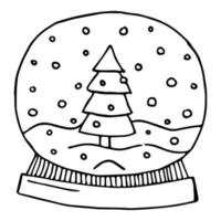 doodle bola de vidro de natal. ilustração vetorial com globo de neve. clipart de doodle preto e branco para o ano novo. vetor