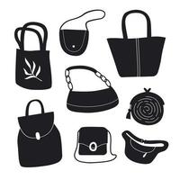 silhueta de diferentes bolsas em estilo cartoon plana. sacos de ícone preto e branco. ilustração vetorial monocromática vetor